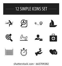 Set Of 12 Editable Complex Icons. Includes Symbols Such As Dumbbell, Yacht, Search And More. Can Be Used For Web, Mobile, UI And Infographic Design.