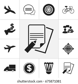 Set Of 12 Editable Complex Icons. Includes Symbols Such As File, Van, Badminton Ball And More. Can Be Used For Web, Mobile, UI And Infographic Design.