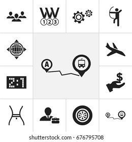 Set Of 12 Editable Complex Icons. Includes Symbols Such As Bowman, Employee, Navigation And More. Can Be Used For Web, Mobile, UI And Infographic Design.