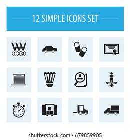 Set Of 12 Editable Complex Icons. Includes Symbols Such As Finding Solution, Search, Car And More. Can Be Used For Web, Mobile, UI And Infographic Design.