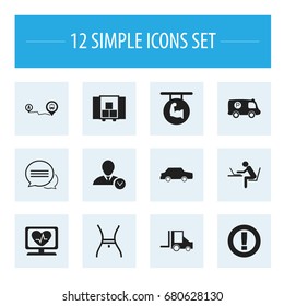 Set Of 12 Editable Complex Icons. Includes Symbols Such As Belly, Biceps, Delivery And More. Can Be Used For Web, Mobile, UI And Infographic Design.