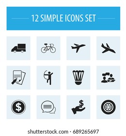 Set Of 12 Editable Complex Icons. Includes Symbols Such As Van, Plane, Dialogue And More. Can Be Used For Web, Mobile, UI And Infographic Design.