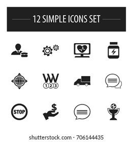 Set Of 12 Editable Complex Icons. Includes Symbols Such As Protein, Medals, Messaging And More. Can Be Used For Web, Mobile, UI And Infographic Design.