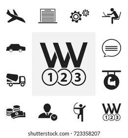 Set Of 12 Editable Complex Icons. Includes Symbols Such As Lorry, List, Medals And More. Can Be Used For Web, Mobile, UI And Infographic Design.
