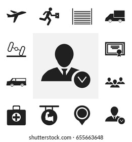 Set Of 12 Editable Complicated Icons. Includes Symbols Such As Aircraft, First Aid Box, Biceps And More. Can Be Used For Web, Mobile, UI And Infographic Design.
