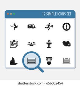 Set Of 12 Editable Complicated Icons. Includes Symbols Such As Businessman, Yacht, Blank And More. Can Be Used For Web, Mobile, UI And Infographic Design.