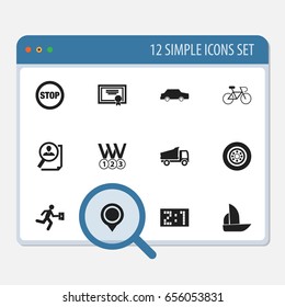 Set Of 12 Editable Complicated Icons. Includes Symbols Such As Car, Truck, Search And More. Can Be Used For Web, Mobile, UI And Infographic Design.