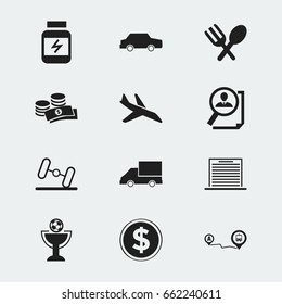 Set Of 12 Editable Complicated Icons. Includes Symbols Such As Cutlery, Van, Currency And More. Can Be Used For Web, Mobile, UI And Infographic Design.