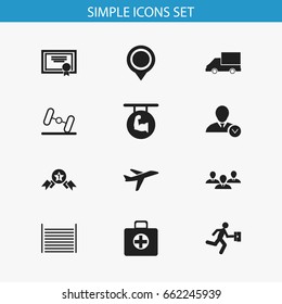 Set Of 12 Editable Complicated Icons. Includes Symbols Such As Dumbbell, Group, Aircraft And More. Can Be Used For Web, Mobile, UI And Infographic Design.