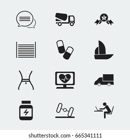 Set Of 12 Editable Complicated Icons. Includes Symbols Such As Heart Rhythm, Messaging, Lorry And More. Can Be Used For Web, Mobile, UI And Infographic Design.