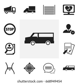 Set Of 12 Editable Complicated Icons. Includes Symbols Such As Stop, Search, Truck And More. Can Be Used For Web, Mobile, UI And Infographic Design.