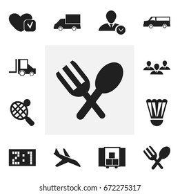 Set Of 12 Editable Complicated Icons. Includes Symbols Such As Badminton Ball, Van, Work Man And More. Can Be Used For Web, Mobile, UI And Infographic Design.