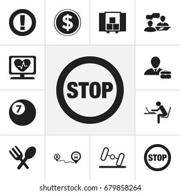 Set Of 12 Editable Complicated Icons. Includes Symbols Such As Stop, Navigation, Currency And More. Can Be Used For Web, Mobile, UI And Infographic Design.