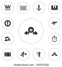 Set Of 12 Editable Complicated Icons. Includes Symbols Such As Dialogue, Businessman, Chronometer And More. Can Be Used For Web, Mobile, UI And Infographic Design.