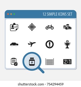 Set Of 12 Editable Complicated Icons. Includes Symbols Such As Coins, Aircraft, World And More. Can Be Used For Web, Mobile, UI And Infographic Design.