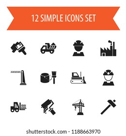 Set of 12 editable construction icons. Includes symbols such as snow removal machine, elevation, workman and more. Can be used for web, mobile, UI and infographic design.
