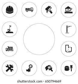 Set Of 12 Editable Construction Icons. Includes Symbols Such As Brush With Bucket, Endurance, Hardhat And More. Can Be Used For Web, Mobile, UI And Infographic Design.