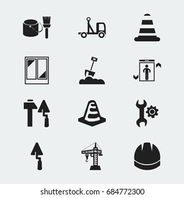 Set Of 12 Editable Construction Icons. Includes Symbols Such As Elevator, Warning Cone, Construction Tools And More. Can Be Used For Web, Mobile, UI And Infographic Design.