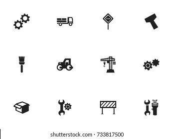 Set Of 12 Editable Construction Icons. Includes Symbols Such As Box, Gear, Cogwheel And More. Can Be Used For Web, Mobile, UI And Infographic Design.