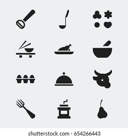 Set Of 12 Editable Cook Icons. Includes Symbols Such As Fruit, Fried Chicken, Egg Carton And More. Can Be Used For Web, Mobile, UI And Infographic Design.
