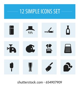 Set Of 12 Editable Cook Icons. Includes Symbols Such As Kitchen Glove, Eskimo Pie, Refrigerator And More. Can Be Used For Web, Mobile, UI And Infographic Design.