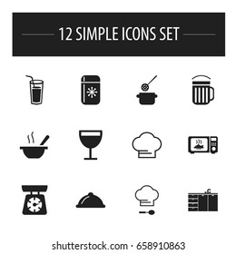 Set Of 12 Editable Cook Icons. Includes Symbols Such As Cooking Cap, Microwave, Skimmer And More. Can Be Used For Web, Mobile, UI And Infographic Design.