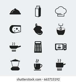 Set Of 12 Editable Cook Icons. Includes Symbols Such As Grater, Stewpot, Dish And More. Can Be Used For Web, Mobile, UI And Infographic Design.