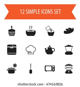 Set Of 12 Editable Cook Icons. Includes Symbols Such As Teapot, Cooking Cap, Muffin And More. Can Be Used For Web, Mobile, UI And Infographic Design.