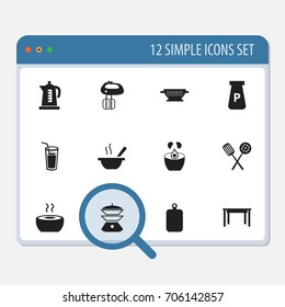 Set Of 12 Editable Cook Icons. Includes Symbols Such As Drink, Powdered, Desk And More. Can Be Used For Web, Mobile, UI And Infographic Design.