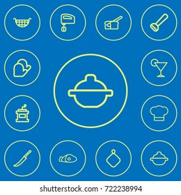 Set Of 12 Editable Cook Outline Icons. Includes Symbols Such As Strainer, Drink, Potato Peeler And More. Can Be Used For Web, Mobile, UI And Infographic Design.