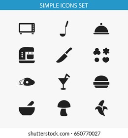 Set Of 12 Editable Cooking Icons. Includes Symbols Such As Tropical Fruit, Champignon, Fast Food And More. Can Be Used For Web, Mobile, UI And Infographic Design.