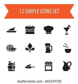 Set Of 12 Editable Cooking Icons. Includes Symbols Such As Pastry, Grill, Beer Mug And More. Can Be Used For Web, Mobile, UI And Infographic Design.