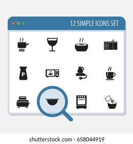 Set Of 12 Editable Cooking Icons. Includes Symbols Such As Electric Kettle, Coffee, Soup And More. Can Be Used For Web, Mobile, UI And Infographic Design.
