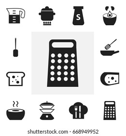 Set Of 12 Editable Cooking Icons. Includes Symbols Such As Grater, Spatula, Cheddar And More. Can Be Used For Web, Mobile, UI And Infographic Design.