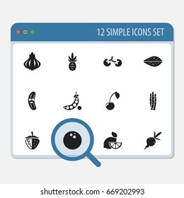 Set Of 12 Editable Cooking Icons. Includes Symbols Such As Strawberry, Cherry, Comical Garlic And More. Can Be Used For Web, Mobile, UI And Infographic Design.