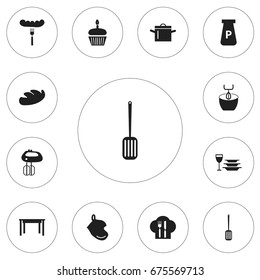 Set Of 12 Editable Cooking Icons. Includes Symbols Such As Whisk, Plates With Glass, Powdered And More. Can Be Used For Web, Mobile, UI And Infographic Design.