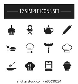 Set Of 12 Editable Cooking Icons. Includes Symbols Such As Frying Pan, Oven, Plates With Glass And More. Can Be Used For Web, Mobile, UI And Infographic Design.