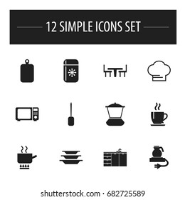 Set Of 12 Editable Cooking Icons. Includes Symbols Such As Coffee, Electric Kettle, Cutting Surface And More. Can Be Used For Web, Mobile, UI And Infographic Design.