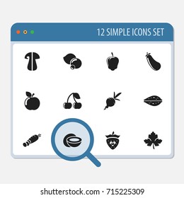 Set Of 12 Editable Cooking Icons. Includes Symbols Such As Sweet Pepper, Bilberry, Almond And More. Can Be Used For Web, Mobile, UI And Infographic Design.