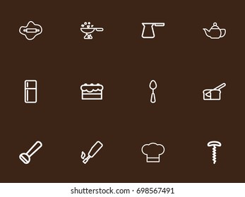 Set Of 12 Editable Cooking Outline Icons. Includes Symbols Such As Kitchenette, Chef Hat, Refrigerator And More. Can Be Used For Web, Mobile, UI And Infographic Design.