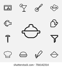 Set Of 12 Editable Cooking Outline Icons. Includes Symbols Such As Drink, Wine Opener, Pizza Blade And More. Can Be Used For Web, Mobile, UI And Infographic Design.