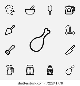 Set Of 12 Editable Cooking Outline Icons. Includes Symbols Such As Food Cutter, Powdered Pepper, Fried Leg And More. Can Be Used For Web, Mobile, UI And Infographic Design.