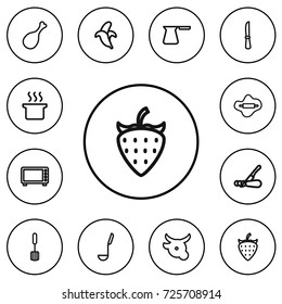 Set Of 12 Editable Cooking Outline Icons. Includes Symbols Such As Microwave, Banana, Broth And More. Can Be Used For Web, Mobile, UI And Infographic Design.