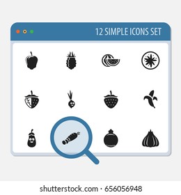 Set Of 12 Editable Cookware Icons. Includes Symbols Such As Carrot, Banana, Raspberry And More. Can Be Used For Web, Mobile, UI And Infographic Design.