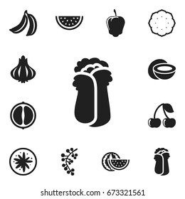 Set Of 12 Editable Cookware Icons. Includes Symbols Such As Orange Slice, Exotic Dessert, Sweet Pepper And More. Can Be Used For Web, Mobile, UI And Infographic Design.