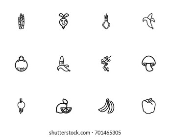 Set Of 12 Editable Cookware Outline Icons. Includes Symbols Such As Banana, Asparagus, Lemon And More. Can Be Used For Web, Mobile, UI And Infographic Design.