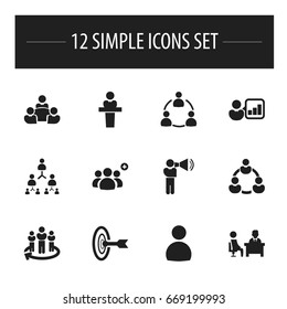 Set Of 12 Editable Cooperation Icons. Includes Symbols Such As Hierarchy, Male, Meeting And More. Can Be Used For Web, Mobile, UI And Infographic Design.