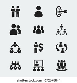 Set Of 12 Editable Cooperation Icons. Includes Symbols Such As Friendship, Unity, Male And More. Can Be Used For Web, Mobile, UI And Infographic Design.