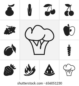 Set Of 12 Editable Dessert Icons. Includes Symbols Such As Carrot, Apricot, Muskmelon And More. Can Be Used For Web, Mobile, UI And Infographic Design.