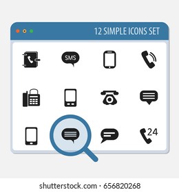 Set Of 12 Editable Device Icons. Includes Symbols Such As Address Notebook, Forum, 24 Hour Servicing And More. Can Be Used For Web, Mobile, UI And Infographic Design.